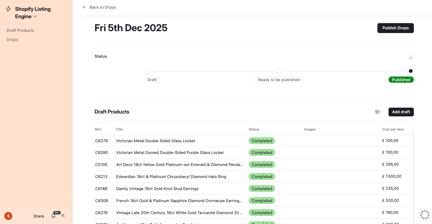 Lillicoco の 2025 年 12 月 5 日のドロップに関する Airtable のドロップ詳細ページ - コントロールと含まれる商品の完全なリストを公開します。