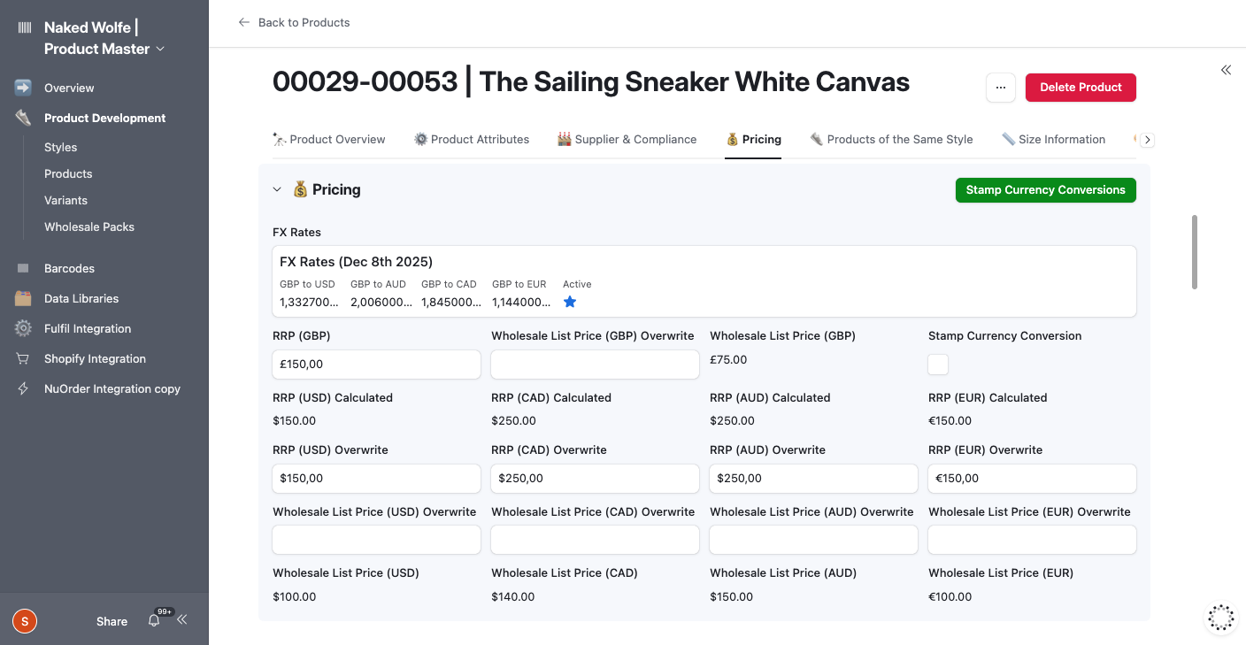 Pagina dei prezzi dei prodotti Naked Wolfe in Airtable che mostra i prezzi RRP e all'ingrosso in GBP, USD, EUR, CAD e AUD con conversione automatica del tasso FX.