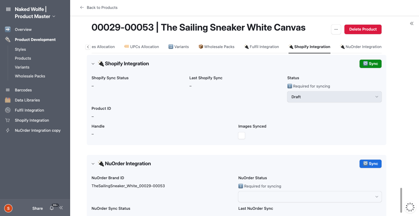 Pagina delle integrazioni del prodotto Naked Wolfe in Airtable con i pannelli di sincronizzazione Shopify e nuOrder, che mostrano lo stato di sincronizzazione e i controlli push con un clic.
